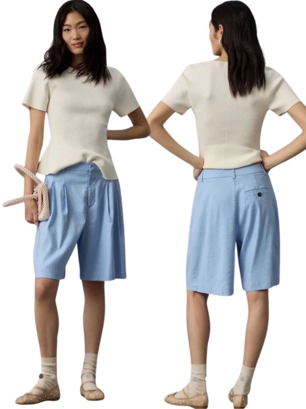 Maeve Anthropologie The Avery Pleated Trouser Short Women's 12 Blue Linen Preppy